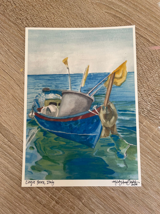 Blue Boat Watercolor Print