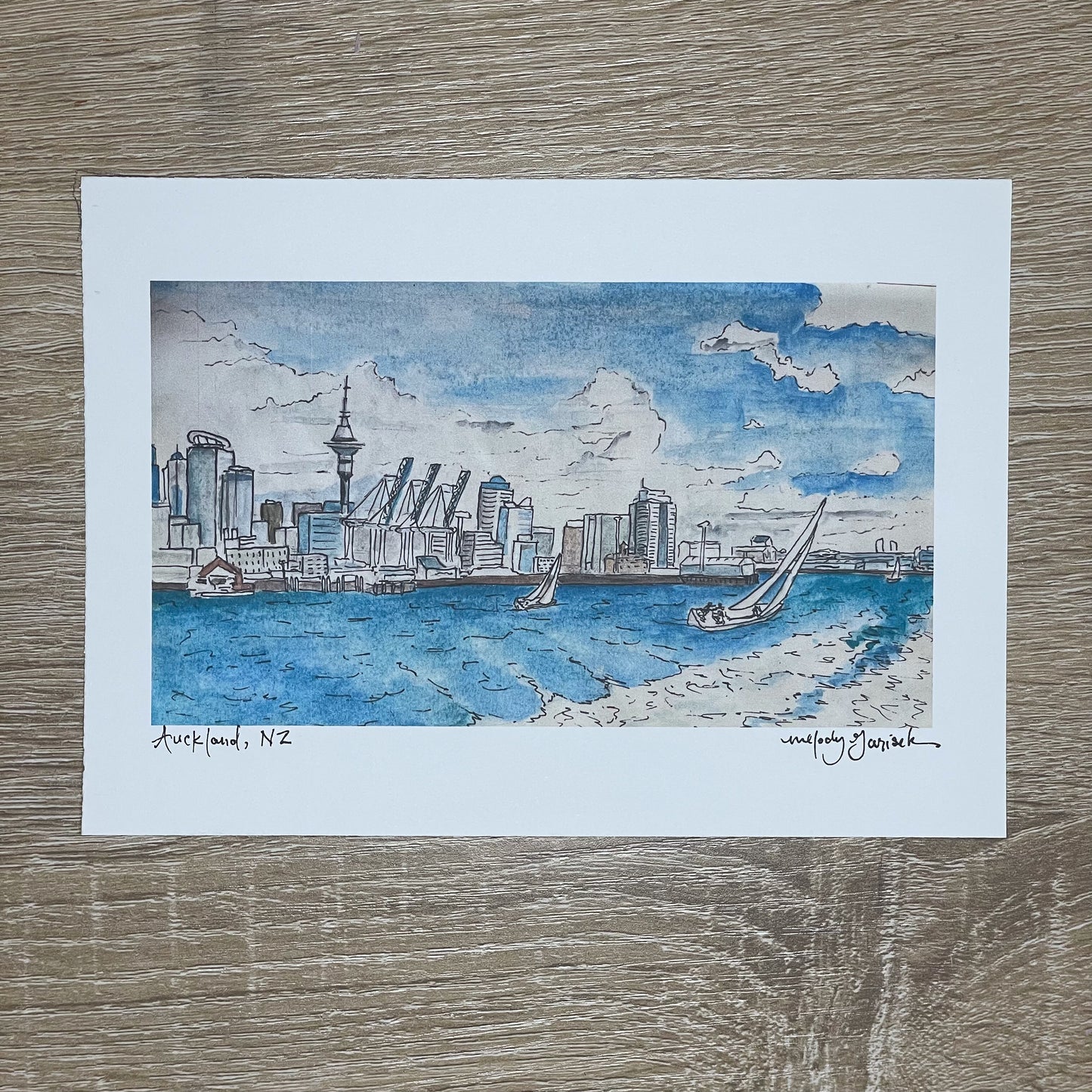 Auckland Harbor Travel Watercolor Sketch Print